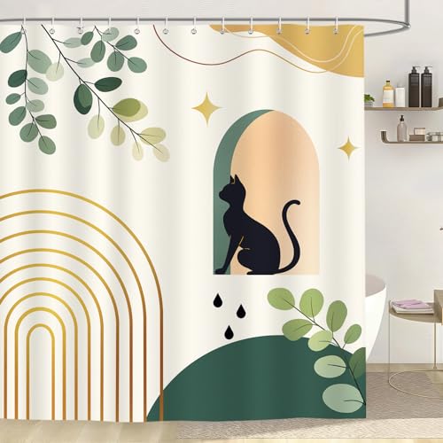 Dazzlewall Rideau de Douche Boho Chat Noir et Feuilles Vertes 180x180cm, Rideaux de Douche Tissu Polyester Imperméable Lavable pour Baignoire et Bain avec 12...