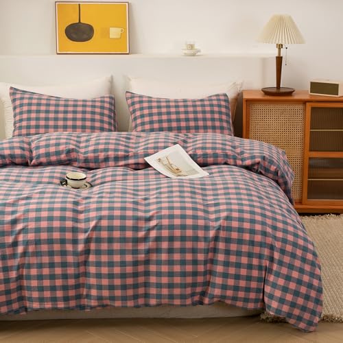 Image of ECOCOTT Duvet Cover Oversized King Size, 100% Washed Cotton Linen-Like Soft & Breathable, Durable Comfy Bedding Set for All Seasons, Purple Pink Plaid
