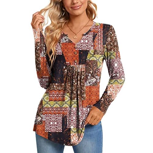 CATHY Womens Long Sleeve Tunic Tops Henley Shirt V-neck Button Down Blouse Casual Pleated Basic Pullover