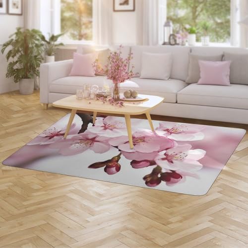 Cherry Blossom Area Rugs One Size Soft Living Room Rugs Washable Coral Velvet Carpets Large Modern Bedside Rugs Non-Slip Floor Mats for Bedroom Kitchen Dining Room - Image 4
