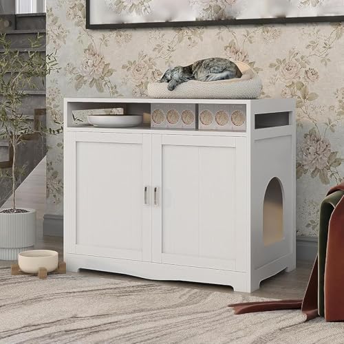 Cat Litter Box Enclosure, Enclosed Litter Furniture Hidden with Hidden Plug, Cat Litter Cabinet, 2 Doors Wooden Cats Washroom, Multi-Functional Storage Side Table for Indoor Cats, White