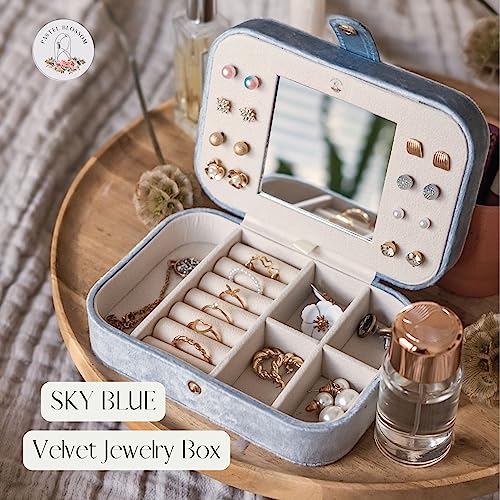 Plush Velvet Travel Jewelry Case Organizer With Adjustable Mirror - Portable Small Jewelry Boxes For Women With Snap Button To Protect And Store Rings, Earrings, Necklaces And Bracelets - Sky Blue #TOP1