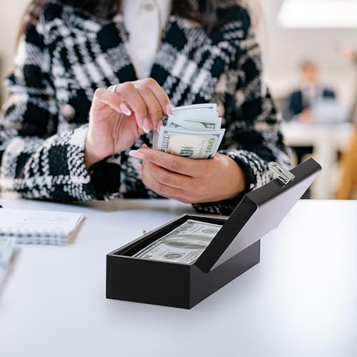OGANAZI Schwarz Kleine Geldkassette Bargeld Scheine Organizer Acryl Geldbox Wasserdicht Cash Box Aufbewahrungsbox mit Deckel für Münzen, Schmuck, Bankkarte, Rechnung (mit Schnalle, nicht verriegelt)