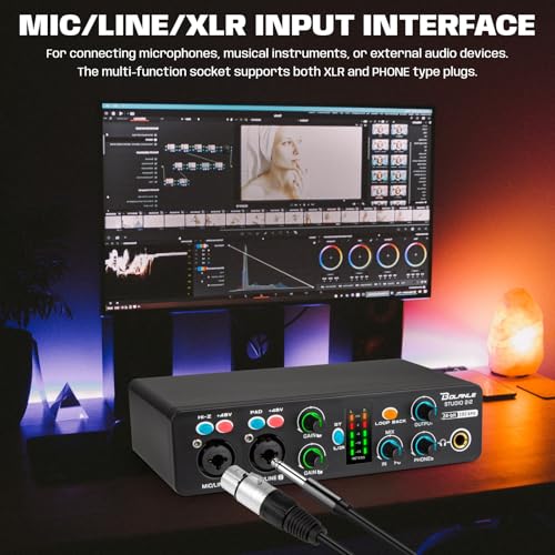 Bolanle Studio 2i2 Audio Interface 24-bit/192kHz, 2 Channel Portable USB Recording Sound Card with Zero Latency Monitoring, ASIO Driver Support for Home Studio/Podcast/Streaming/DJ