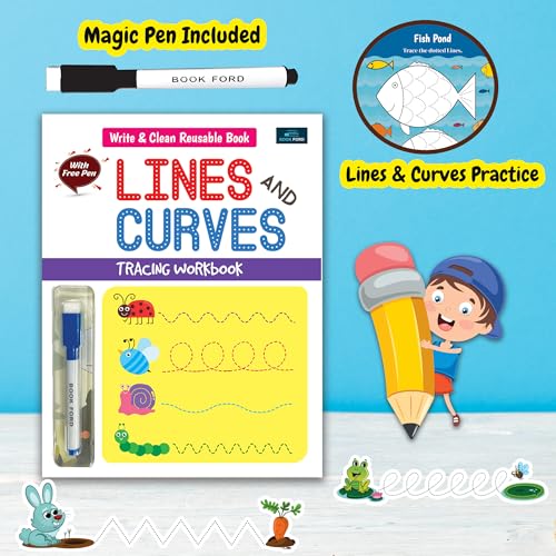 Image of Lines and Curves Write and Clean Reusable Book for kids, Childrens and Toddlers - Early Tracing Workbook, Fun Pattern and activities, Mazes, Puzzle Games - Ages 2+ Years: English