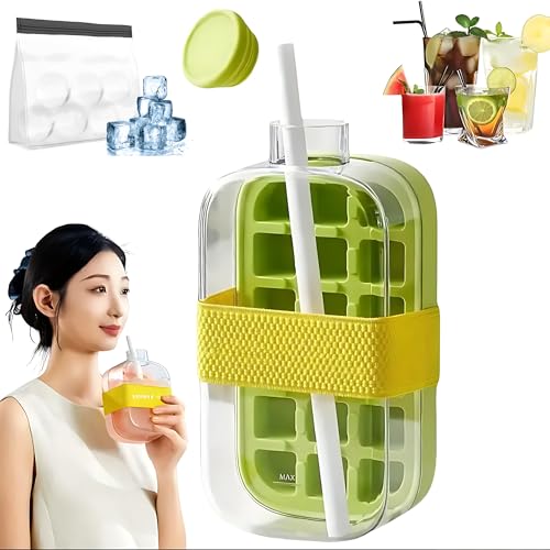 Ice Cube Bottle, 2 in 1 Ice Cube Tray&water Bottle Ice Cube Tray w Lid And Bin, Touch-Free Ice tray, Easy-to-Remove Ice Sphere Mold with Storage Bag (Green)