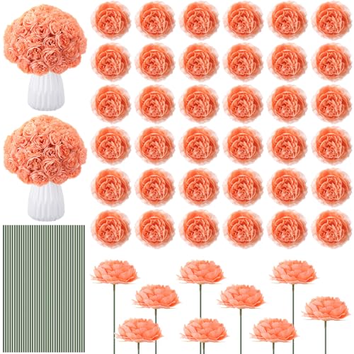 Thiccywoov 200 Pcs Flowers Long Stem Artificial Rose Bulk 3.2 Inches Silk Rose Head Flowers Faux for Wedding Bridal Bouquet Independence Day Home Floral DIY Centerpieces Party Decoration(Peach)