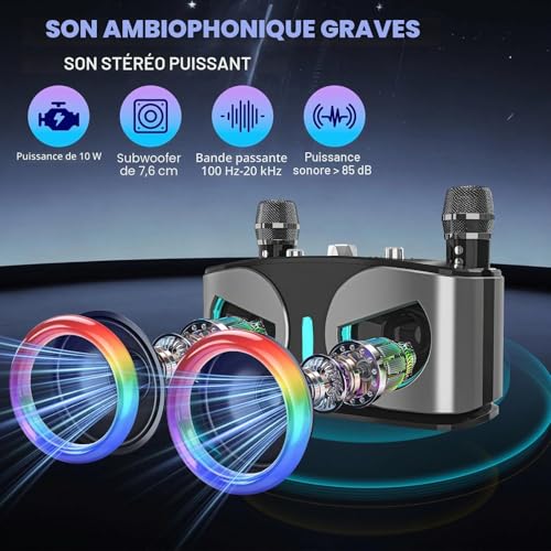 Machine de karaoké avec 2 micros sans fil et connexion Bluetooth portable