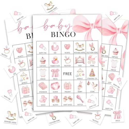Bltgh Pink Bow Baby Shower Bingo Games 24 Player Pink Bingo Cards for Baby Shower Gender Reveal Party Games Favors Supplies Decorations