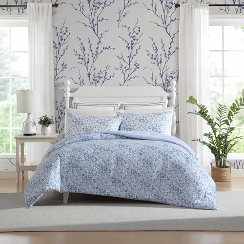 Laura Ashley - Full/Queen Comforter Set, Soft Cotton Bedding with Matching Shams, Floral Home Decor, Oeko-Tex Certified (Quartet Blue, Full/Queen) by Laura Ashley - Used condition - US$39.16