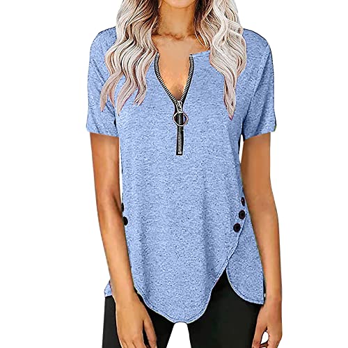 Image of Womens Crewneck Zip Up Printed Short Sleeve T-Shirt Casual Loose Side Split Summer Tee Shirts Tops Comfy Tshirt Blouse