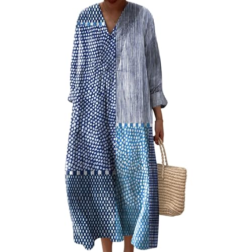 Kleid Gestreift Damen Sommer Boho Lang Strandkleid Hippie Knielang Kleidung Sommerkleid Luftig V-Ausschnitt Freizeitkleid Lockeres Locker und Leicht...