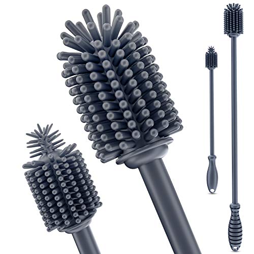 MULTANO® [2er-Set 38cm/24cm] perfekte Flaschenbürsten aus Silikon in grau – hygienische Spülbürsten zur einfachen Reinigung div. Flaschen, Babysauger, Quetschbeutel, Vasen, Kaffeekannen u.v.m.