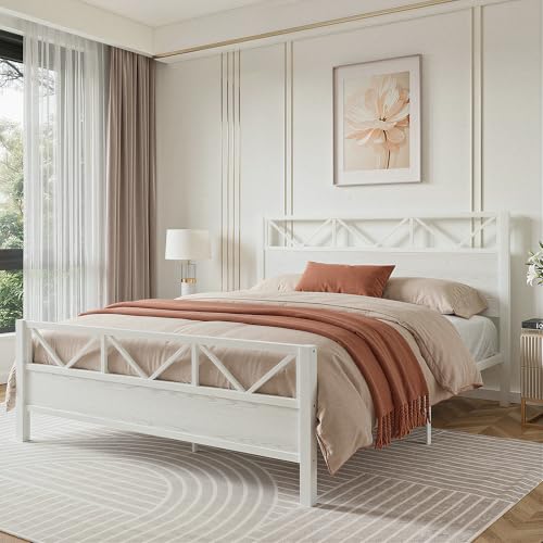 Image of LIKIMIO King Size Bed Frame, Tall Modern Headboard 51.2 inch, Platform Bed Frame with Strong Metal Support, Solid and Stable, Noise Free, No Box Spring Needed, Easy Assembly, White