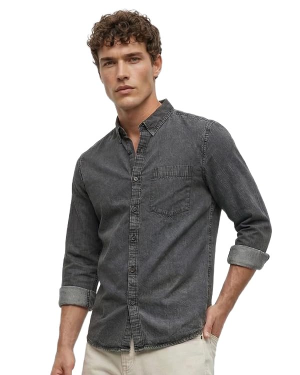 Image of Amazon Brand - INKAST Men Washed Cotton Twill Denim Casual Button Down Shirt | Full Sleeves | Regular Fit | Stylish Summer - Everyday Wear