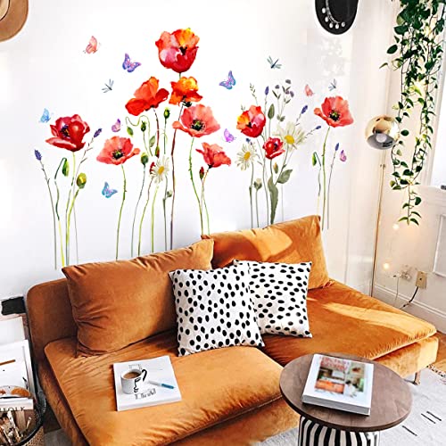 Calcomanías decorativas de flores rojas para pared, 2 hojas miniatura 7