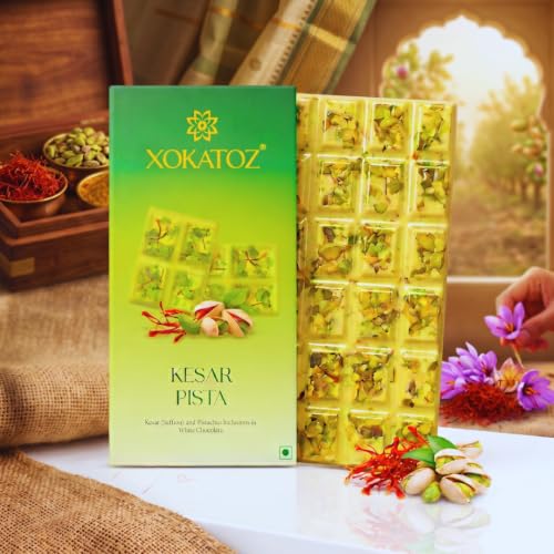 Image of XOKATOZ Exotic Premium Couverture Belgian Chocolate - 1 Kesar Pista Flavoured White Chocolate Bars - Gift Set - Pack of 1, 75g (75g x 1)