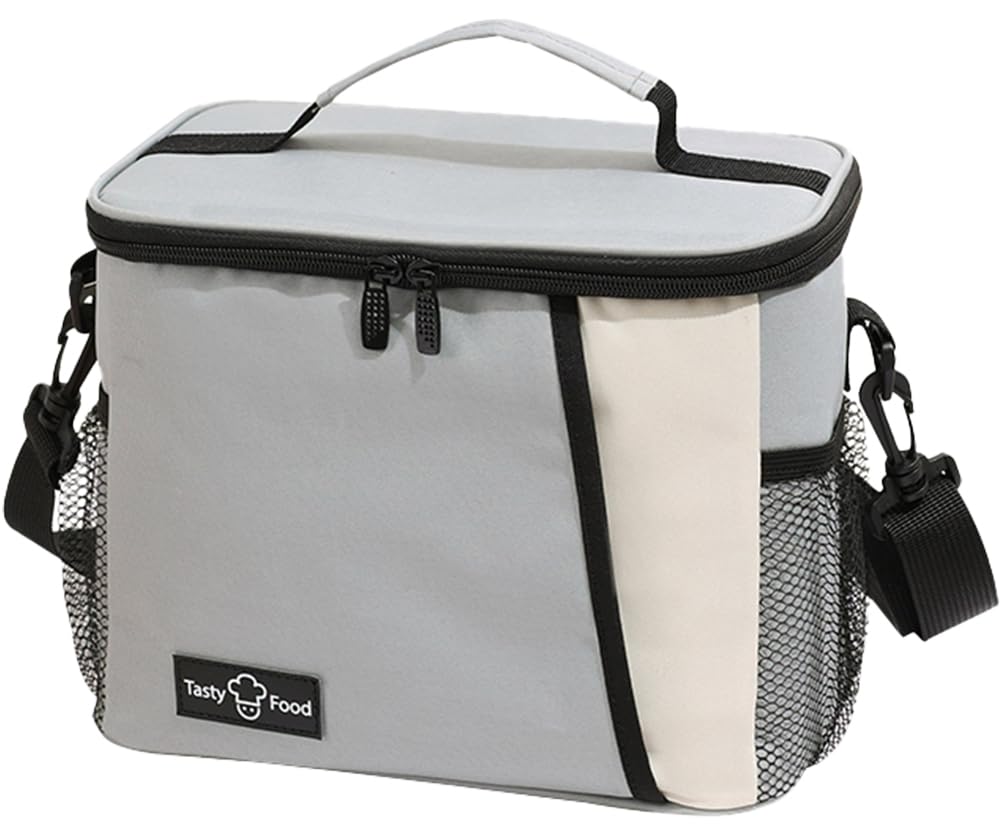 kamumanni Lunch Bag with Pockets, Reusable Lunch Box for Men Women, Thermal Lunch Bag with Carrying Strap, Insulated Lunch Pail Cooler (Grey)