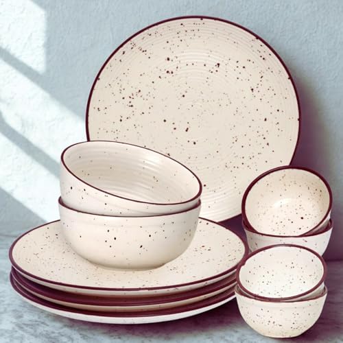 Image of Freakway Handcrafted Off White Stoneware Pack of 10 Pieces Ceramic Dinner Set 4 | Crockery Set for Dining Table | 4 Dinner Plates, 4 Bowl /katori & 2 Serving Bowl | Microwave & Dishwasher Safe