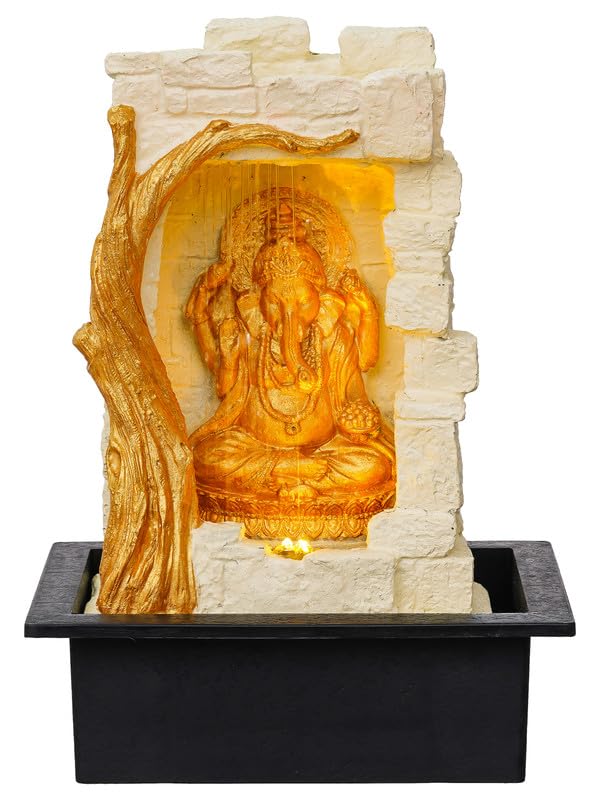 Image of Polyresin Golden Colour Ganesha Idol Table Top Home Decor Indoor Front Curtain Style Waterfall Fountain with Yellow LED & Speed Controller Pump (Size: 40 x 29.5 x 22CM | Weight: 2265grm)