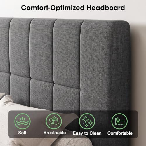 Image of Marsail Queen Size Bed Frame with Upholstered Adjustable Headboard, Fits 6-12 Inch Mattress, 1300 lbs Capacity, 12 Sturdy Solid Wood Support Legs, Easy Assembly, Dark Gray