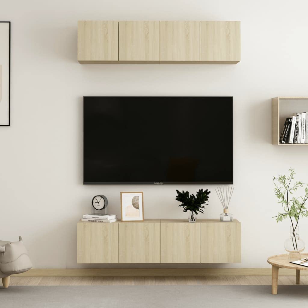 Meuble TV mural suspendu chêne Sonoma 4 pièces résout le manque de rangement salon