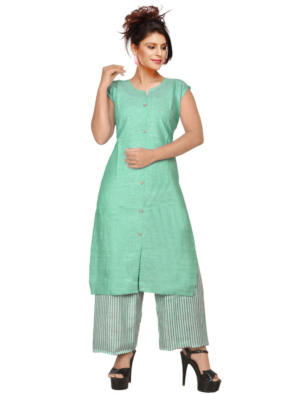 KB CREATION Khadi Cotton Straight Kurta with Striped Palazzo Set for Girls and Women (Pack of 1)