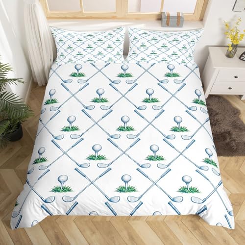 Erosebridal Golf Bedding Set Golf Club Comforter Cover Sport Game Athlete Grass Leaf Branches Bedspread Cover for Men, Decorative 3 Pieces Duvet Cover with 2 Pillow Shams, King Size, White