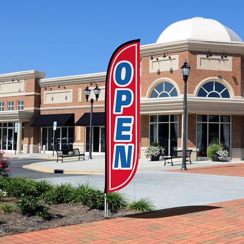 Image of LookOurWay Feather Flag Pole Kit - 12 Feet Tall Advertising Flag Banner with Fiberglass Pole Kit and Ground Spike for Business Promotion - Grand Opening Flags - Open Red & Blue (10M1200106)