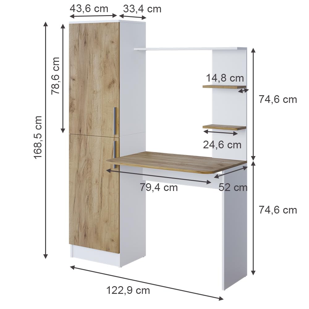 Vicco Schreibtisch Tessa, Weiß/Goldkraft Eiche, 122.9 x 52 cm