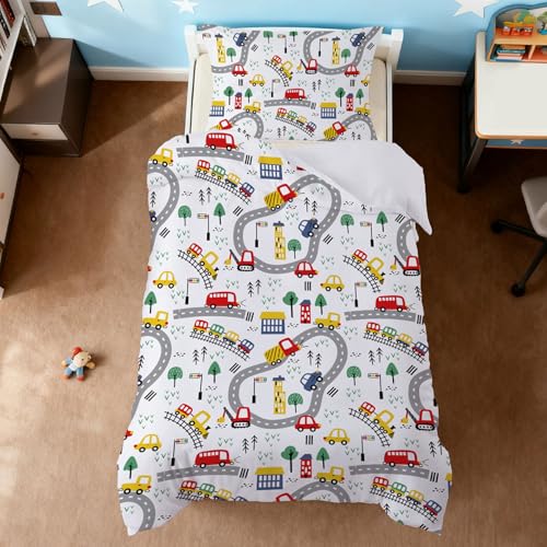 Snugoria Housse de Couette Voiture 140x200 Parure de Lit Enfant Garçon, Parure Lit 1 Personne en Microfibre avec Taie d'oreiller 65x65cm Cadeau Fête...