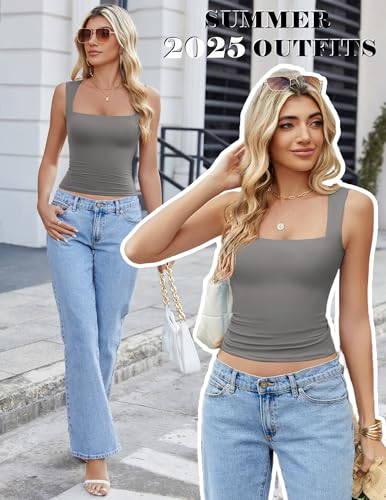 Image of Avidlove Women's Square Neck Tank Top Double Lined Basic Crop Tops Going Out Shirt Slim Fit Summer