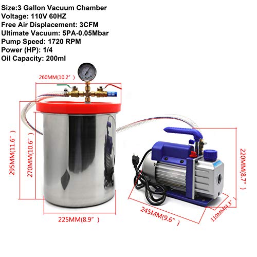 HTTMT - Kit de Cámara de Vacío de 3 Galones con Bomba de 3 CFM y Etapa Única 1/4HP miniatura 2