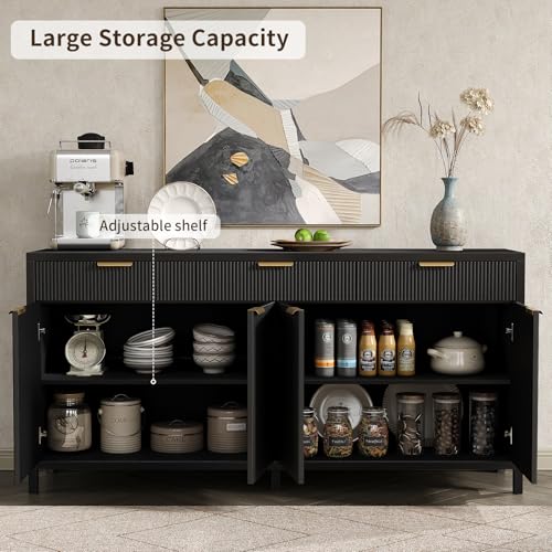 Yanosaku 66\" W Fluted Buffet Cabinet, Sideboard Storage Cabinet with 3 Drawers & 2 Cabinets, Mid-Century Coffee Bar Table for Living Room, Black - Thumbnail 4