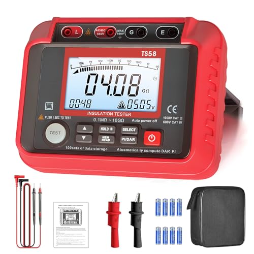 SURLABA Megohmmeter Insulation Resistance Tester 0.1M-10G Megohm Meter with 50V~1000V Output Voltage PI/DAR Testing 100 Data Storage Voltmeter for Motor/Cable/Transformer/capacitor