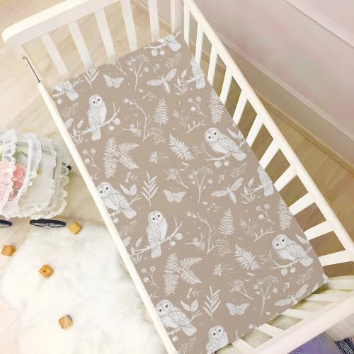 Image of Crib Sheet Breathable Soft Crib Mattress Sheet for Baby Toddler Boys Girls Fitted Pack n Play Crib Sheet Fit Standard Crib Mattress 52 x 28 Inch Owls Leaves Light Brown