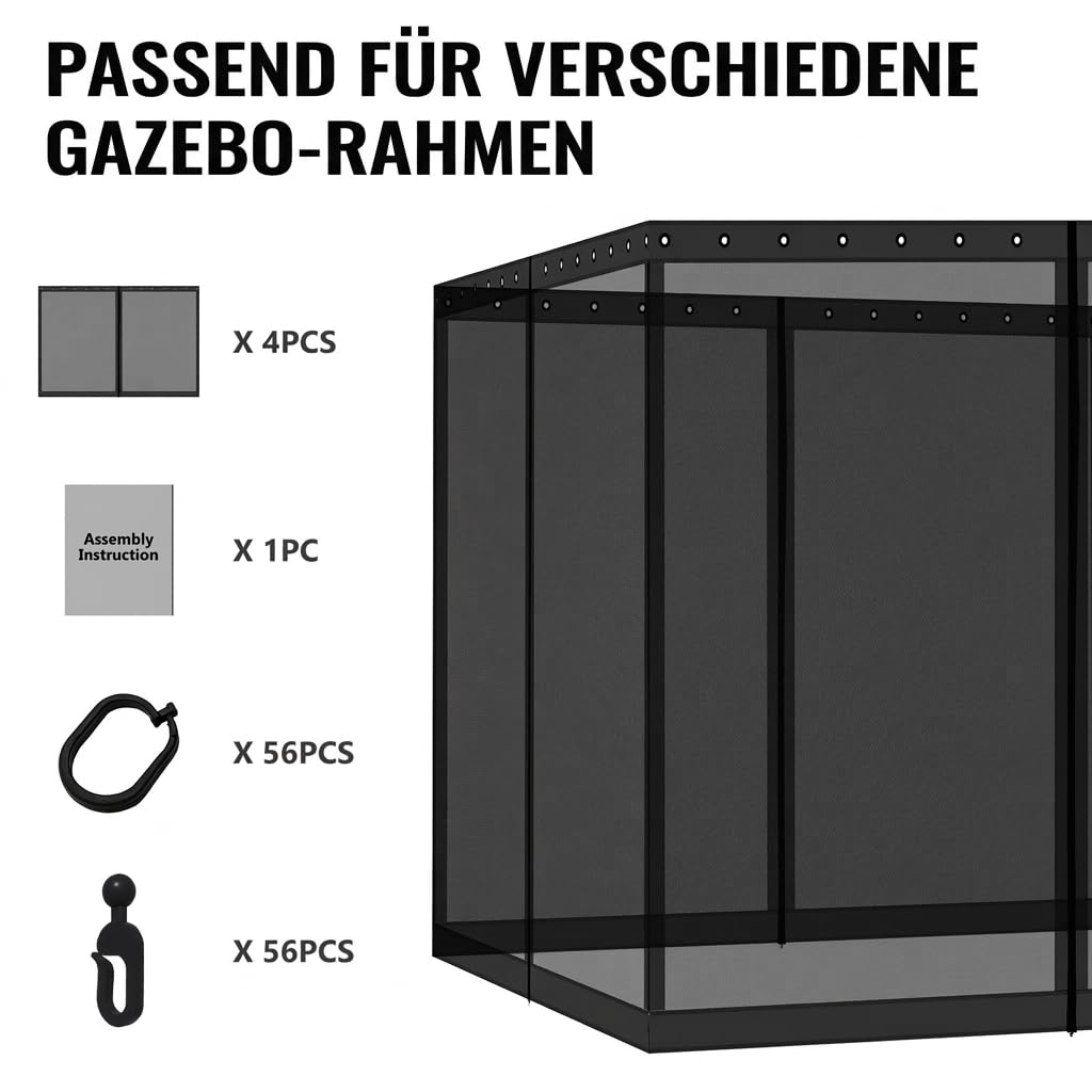 COWVIE Pavillon-Ersatznetz, 3 m x 3 m, Universal-Pavillon, 4 Paneele, Moskitonetz, Seitenwände mit Doppelreißverschlüssen für Außenterrasse (nur Netz)