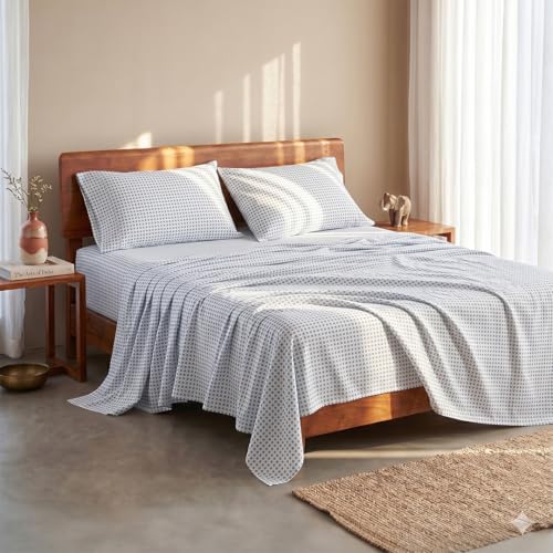 Image of LANE LINEN 100% Organic Cotton Bedsheet for Double Queen - Polka Dot Blue | GOTS Certified, Percale Weave, 90x100 inches, Soft & Breathable, Machine Washable, Includes 2 Pillow Covers