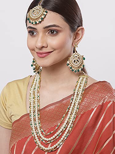 Image of Karatcart Gold Plated Green Crystal and Pearl Studded Kundan Rani-Haar Necklace Set for Women