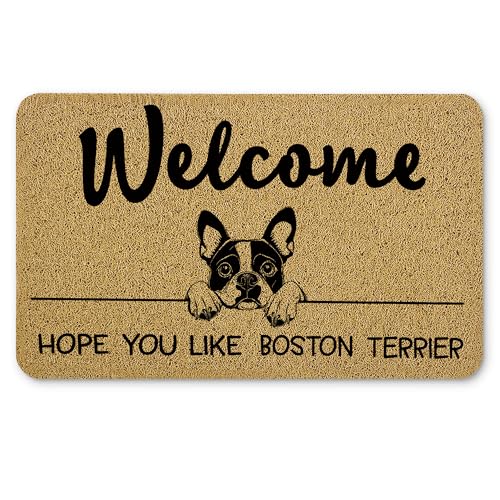 Qnhij Boston Terrier Gifts Welcome Mats for Front Door, Dog Door Mat, Hope You Like Boston Terrier Funny Doormat for Porch Outside Inside Outdoor Indoor Entrance, Dog Bath Rug, 17x30 Inches