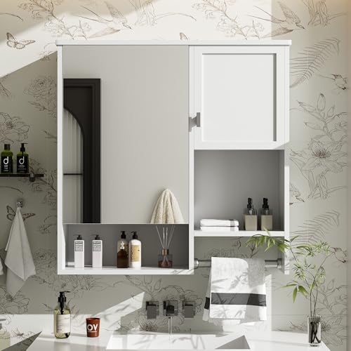Modern Bathroom Medicine Cabinet with Mirror 29x28 Inch - Wall Mounted Storage Cabinet with Sliding Door, Adjustable Shelf & Towel Bar for Contemporary Bathroom Décor(Right Towel Bar, White)