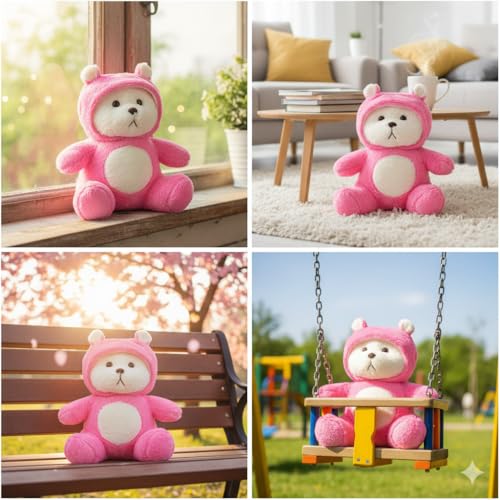 Image of Storescent Hooded Teddy Bear Plush Toy | Soft & Cute Stuffed Animal Toy for Hugging for Kids & Loved Ones - Dark Pink 45cm