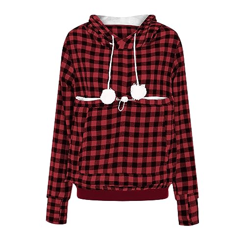 Damen Fleece Pullover Kapuzenpullover mit Katzen Hund Tasche Hundetasche Katze Pulli Sweatshirt Hoodie Kapuze Katzenpulli Beutel Langarm Herbst Winter Große Größen Hoodie mit Große Tasche