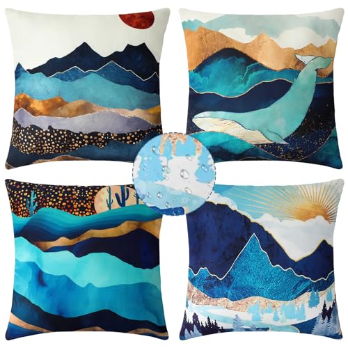 Premillow Outdoor Pillow Covers 18x18 Inch Set of 4, Sunset Blue Hill Decor Throw Pillow Covers Outside Waterproof Pillow for Patio Furniture Bench Chair Couch Sofa