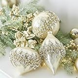 Soulchen 3 Pcs Champagne Christmas Glass Ball Ornaments Beaded Sequined Glitter Ball Christmas Tree Decorations Hanging Xmas Glass Baubles for Holiday Xmas Tree Party Decor
