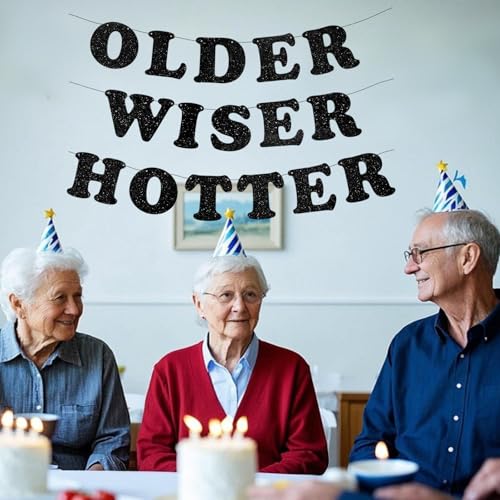 Image of 3pcs Pre-Strung Older Wiser Hotter Banner Funny Black Birthday Bunting Sign for Women Men 30th 40th 50th 60th 70th 80th Birthday Party Decorations