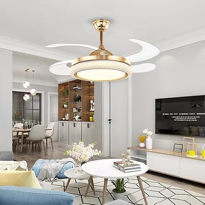 Image of Harold Electricals Modern LED Ceiling Fan with Retractable Blades, Gold and White, Remote Control, Dimmable Light, for Living Room, Bedroom, Dining Room, Home Decor Hanging Light & Fan
