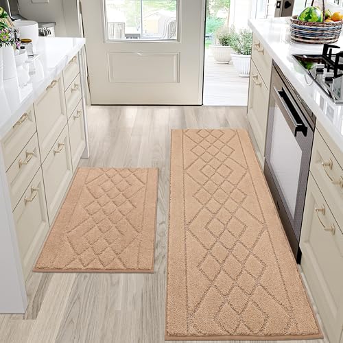BEQHAUSE Kitchen Mats for Floor 2PCS, Kitchen Rugs Non-Slip Washable, Kitchen Runner Rug Absorbent and Stain Resistant, Floor Mat for Kitchen, Laundry & Sink, 20"x30"+20"x48", Beige 20" x 30