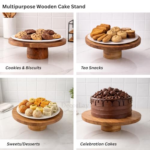 Image of Decorlay 12-Inch Wooden Cake Stand | Elegant Dessert & Cupcake Pedestal Riser | Multipurpose Serving Stand for Parties, Weddings & Kitchen Display