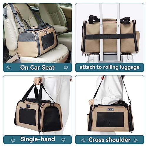 Petsfit Transportbox Katze kleine Hunde leicht Hundetasche Flugzeug für kleine Hunde Katzen Transporttasche Hundetragetasche,Tragetasche Hund Flugtasche mit Schutzgurt & erweiterbare Matte, S/Khaki